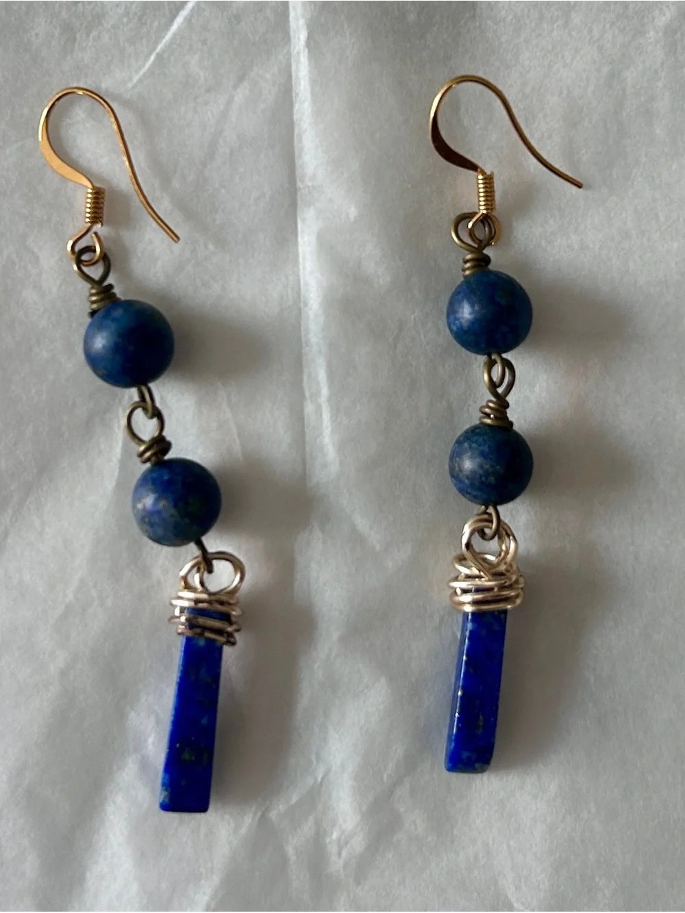 Blue Lapis Drop Earrings - Gold Wire Wrapped